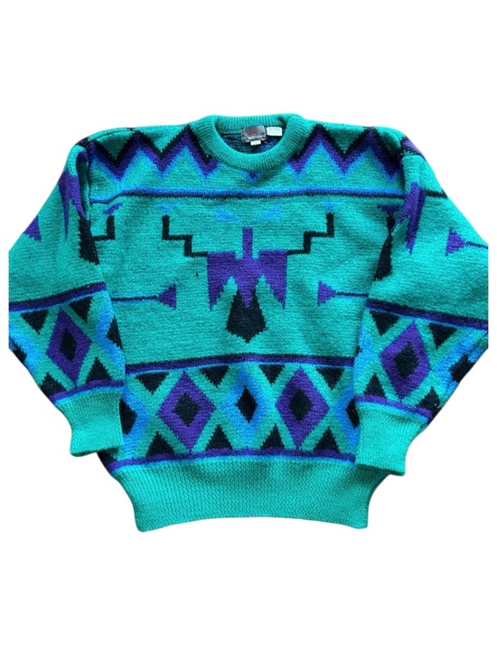 Wailer Sweaters - Vintage 90s Wailer Wool Geometric Ski Sweater Teal Purple Abstract Knit M